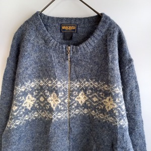 ウールリッチ　フルジップ　カーディガン　ノルディック柄　ブルー　L