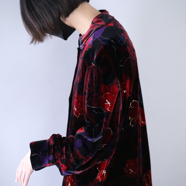 elegant flower art pattern mao-collar velours shirt