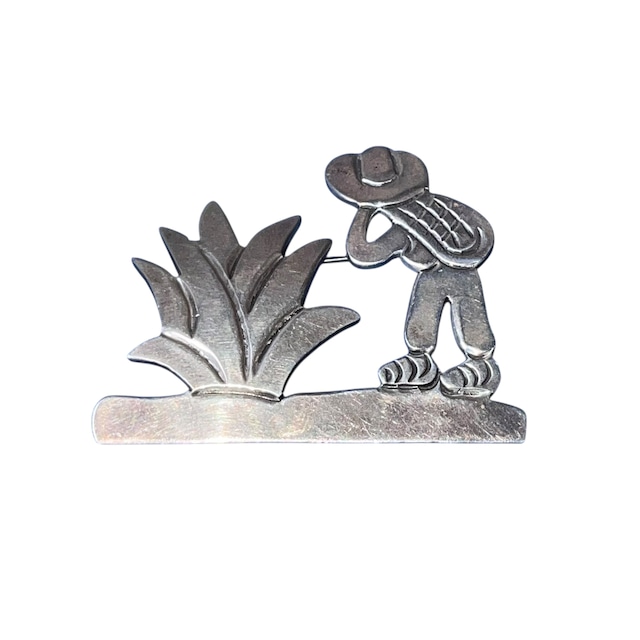 vintage silver plant & human motif brooch made in mexico