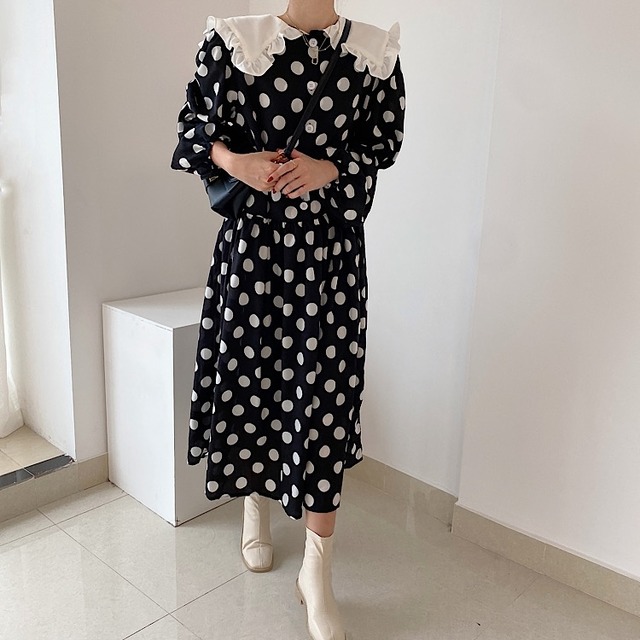 ワンピース ミディアム丈 送料無料 ミディアムワンピース ビッグカラ― クルーネック フリル襟 襟コンシャス ドット 水玉 タック ダーツ シャツワンピース レース スリット 長袖 パフスリーブ 袖あり パフスリーブ Aライン かわいい 大人可愛い 大人 上品 おしゃれ お洒落 大人可愛い 大人女子 ラブリー キュート ガーリー 主役級 存在感 とろみ感 オフホワイト ベージュ 無地 春 夏 10代 20代 30代学生 デート お出かけ 女子会 休日 パーティー イベント リゾート トレンド 流行