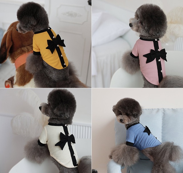 Onz Ribbon Knit T-shirt S ~ XL 4color  /  犬服 新作 ニット 可愛い 犬の服  Tシャツ リボン トップス お揃い ドッグウェア b54