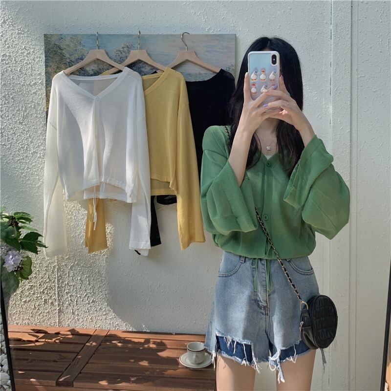 ホワイトサマー薄手ニットカーディガンブラウス ルーズジャケット トップス 夏物 1号婦人2496284188