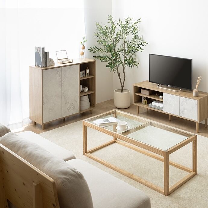 バイカラーキャビネット幅96cm 収納 木目 ストーン柄 バイカラーキャビネット幅96cm 収納 木目 ストーン柄