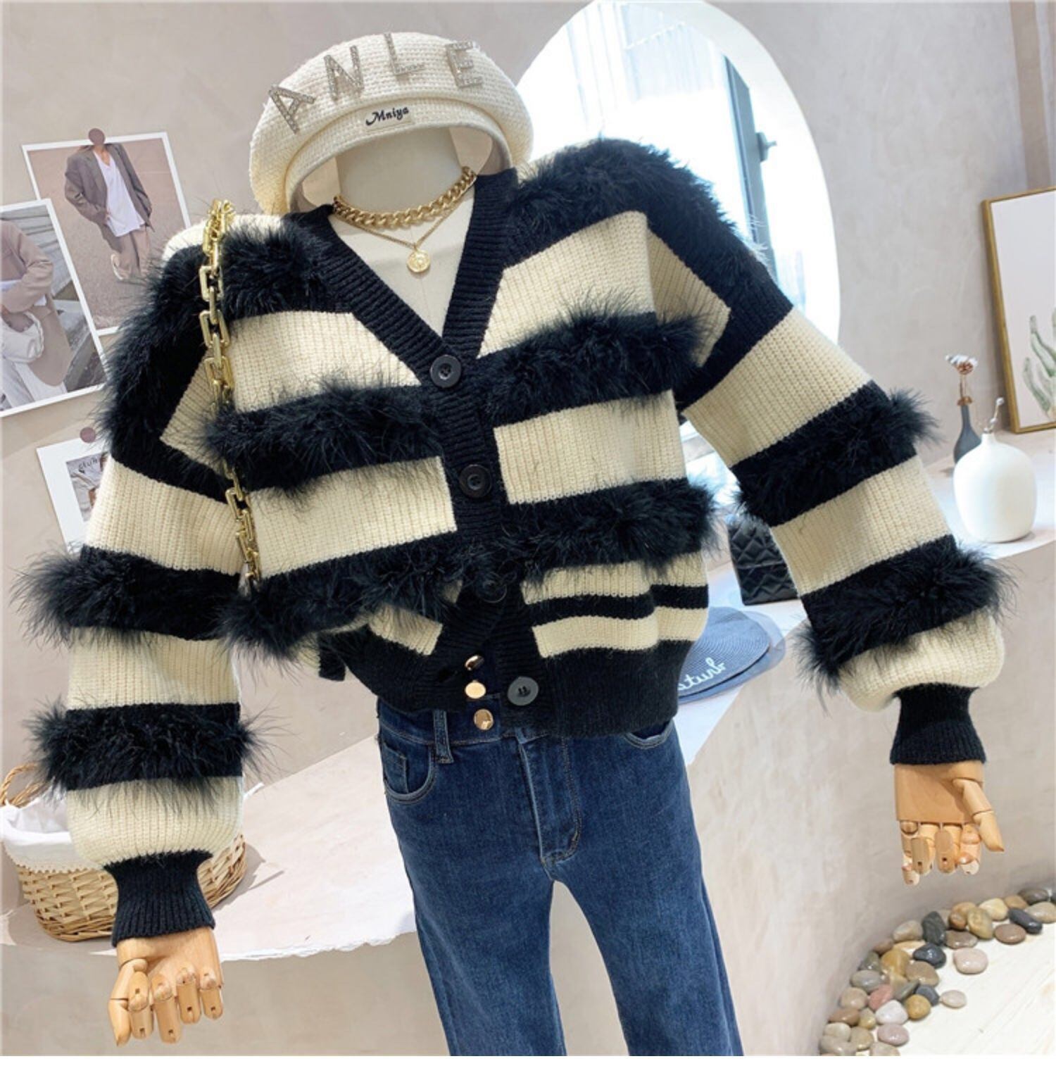 4カラー】ファー ピンク 水色 黒 緑 カーディガン ボーダー ストライプ