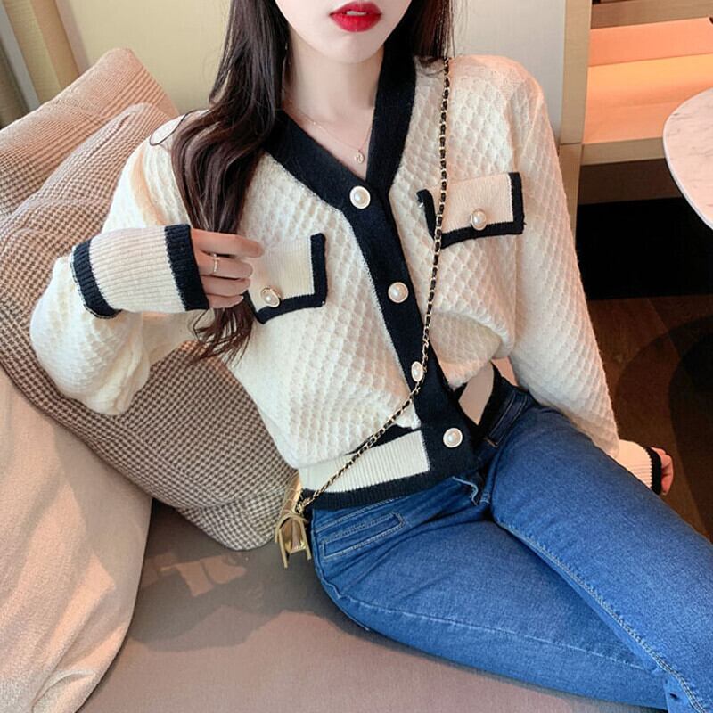 カラーVネックセーター ニットカーディガンオータムカジュアルトップス ジャケット 秋物 ガールズファッション57625835815