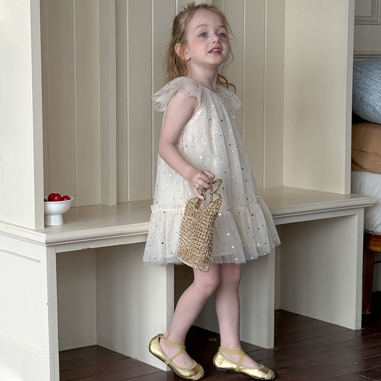 夏光沢ビーズチュールワンピース