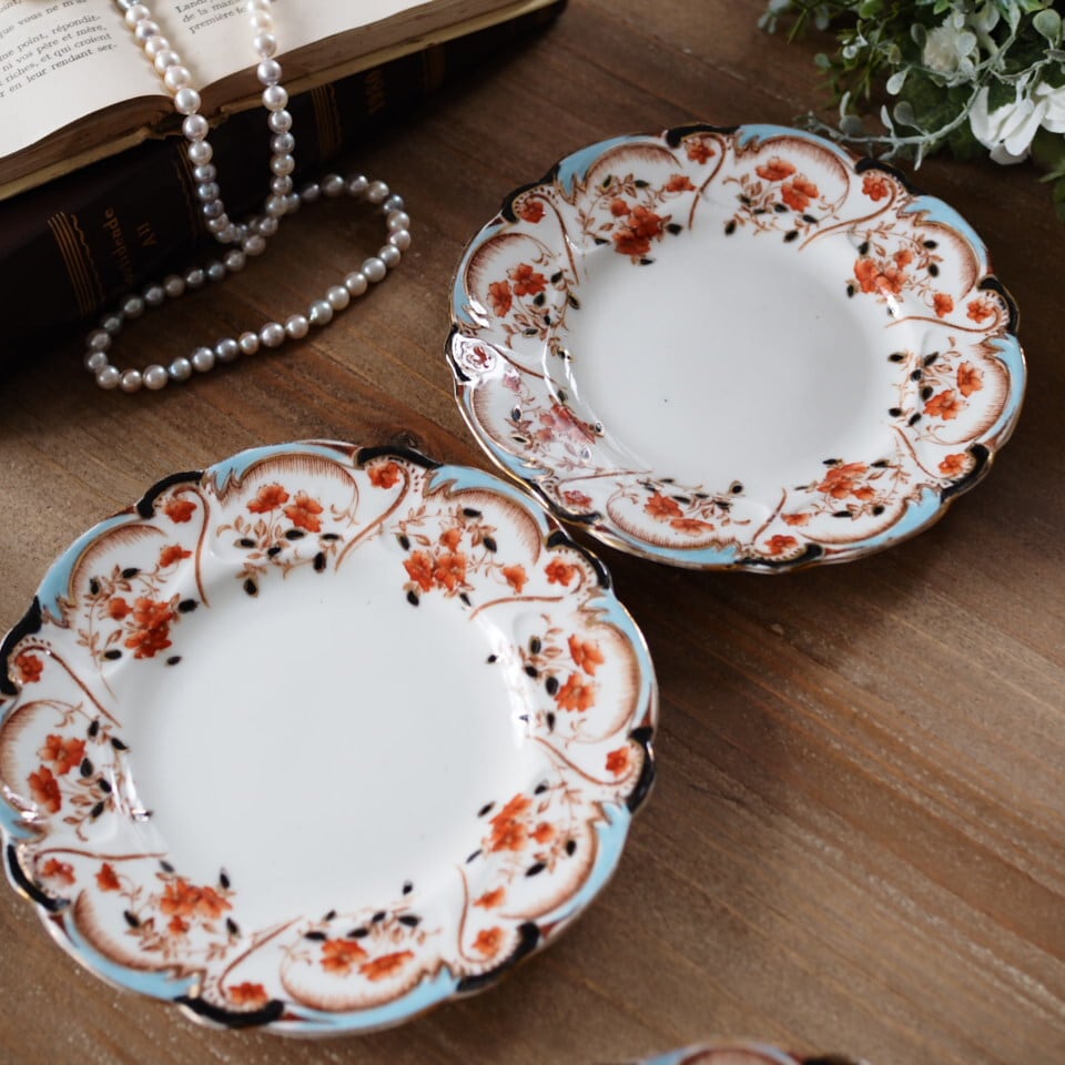 英国フォーリー 水色と朱色の配色が粋な1910年頃のアンティーク