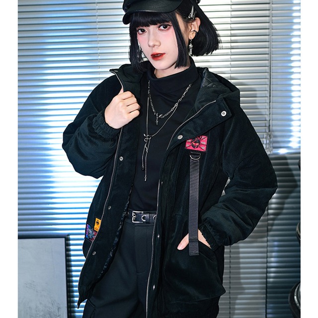 サブカル系 Monster CLUBコーデュロイ デザイン フード付きキルティングコットジャケット 古怪舎