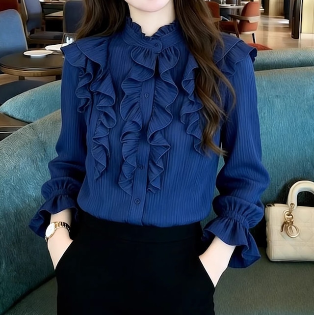 スタンドフリルカラーラッフルブラウス　H332