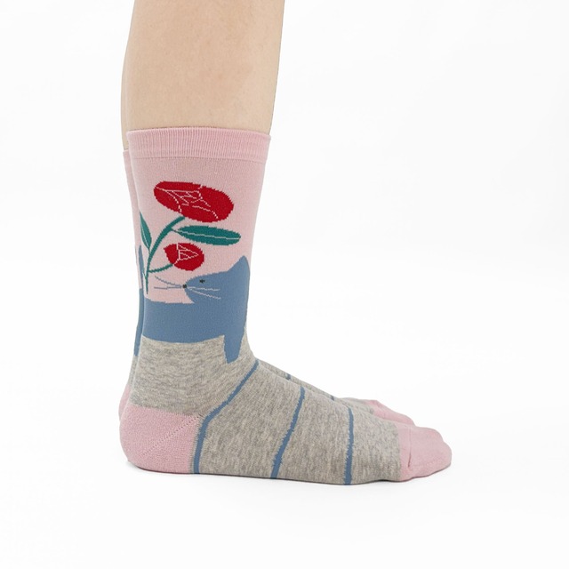 【JIN KITAMURA】北村人 SOCKS RED FLOWER & CAT ソックス 赤い花と猫