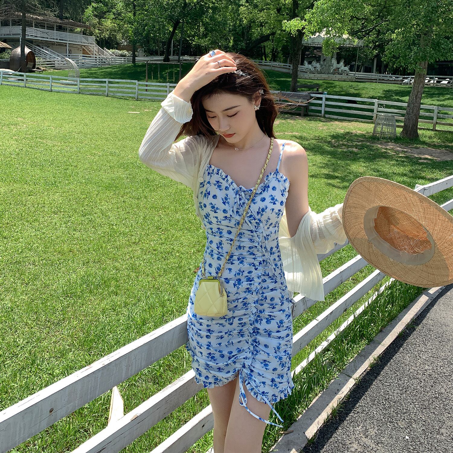 サマーシフォンドレス フローラルハイウェストウェストスカート レディース 夏物 花柄 HUCHUJING48901087969