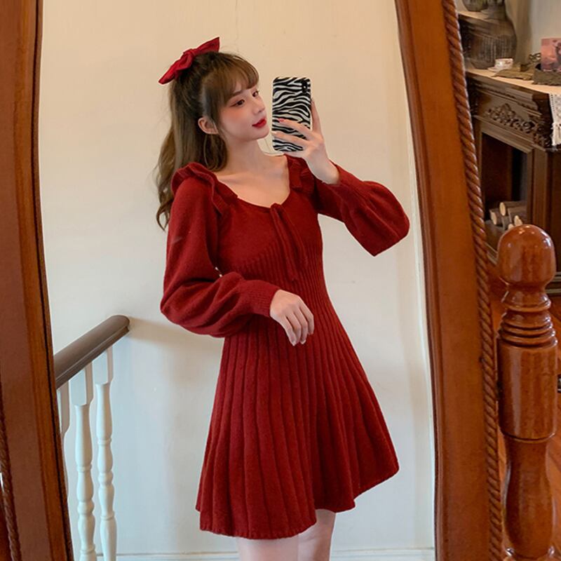 オータムウィンタースカート ウェストニットレッドカラードレス 秋物 冬物 スクウェア スーパーモール34234791536