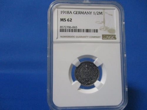 ドイツ 1/2マルク銀貨☆1918年／未使用／ヴィルヘルム2世／NGC MS62
