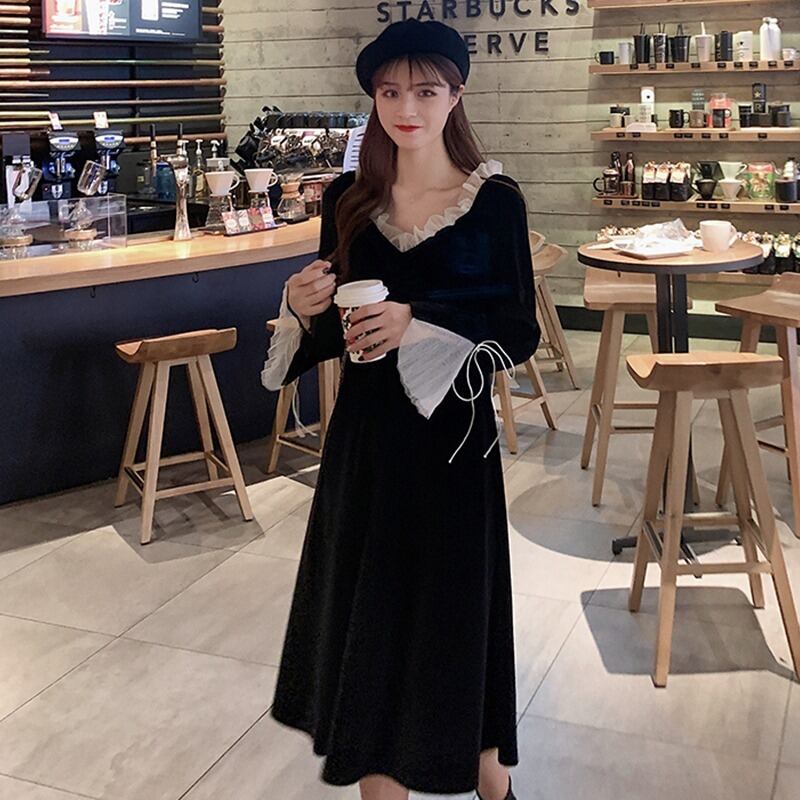 レッドレースドレス ブラックベルベットスカート 大人ガーリー スウィート キュート カジュアル ステッチ YY-ファッション12002905681