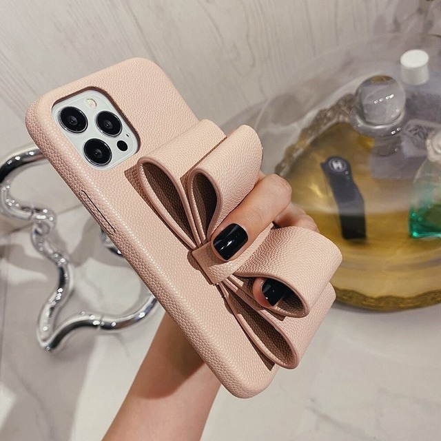 ★送料無料★ 4カラー ピンク iPhone13対応 レザー調リボンiphoneケース