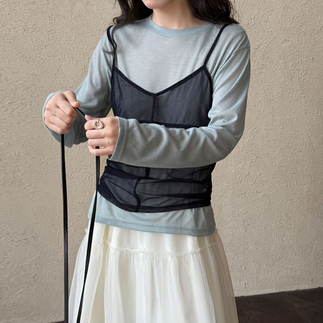 round neck sheer cut and sew top J00023