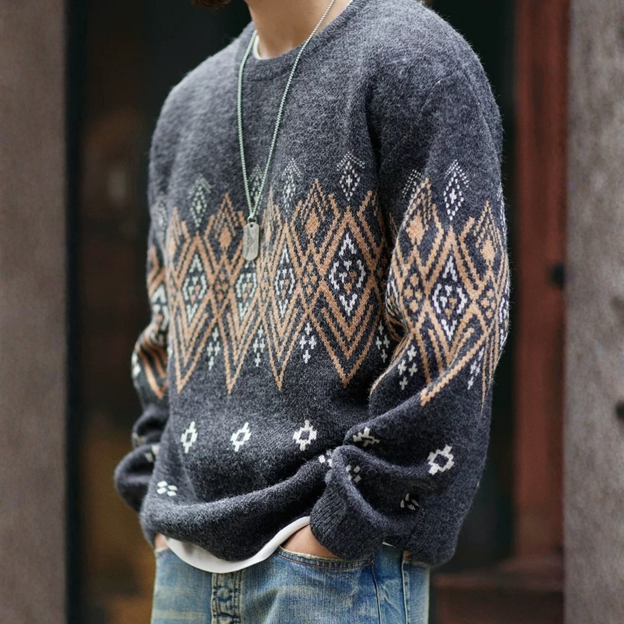 パターン柄 クルーネック ニット セーター 00618