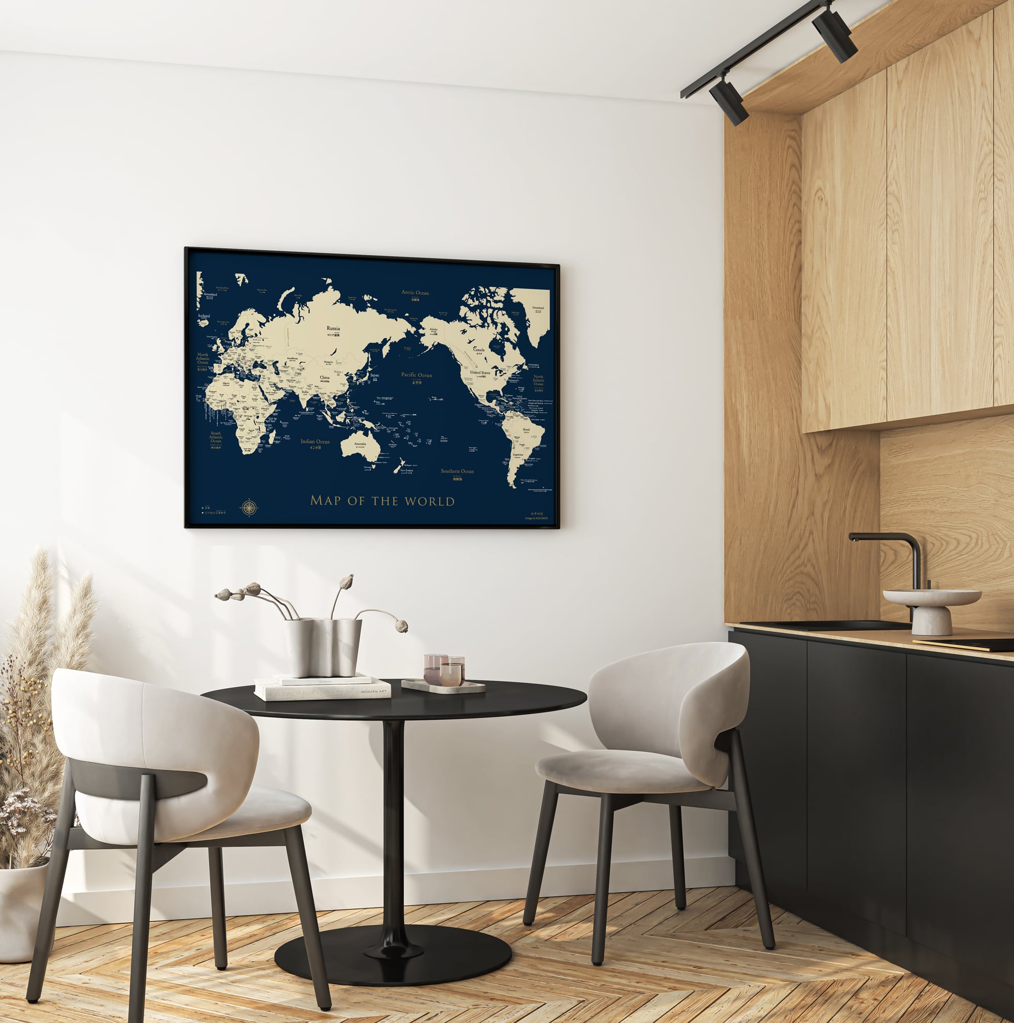 ネイビー版【英語＆日本語表記】木目調のおしゃれな世界地図ポスターA1