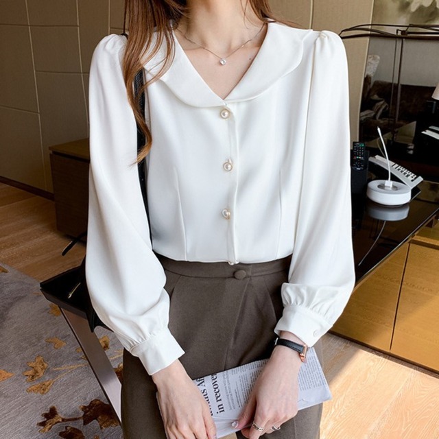 Wave collar elegant puff sleeve chiffon blouse