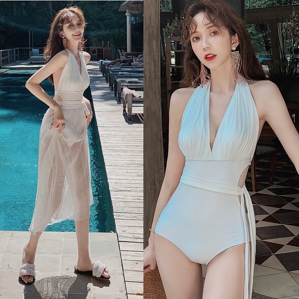Swimwear One Piece Elegant 水着 スイムウェア ビーチウェア ワンピース水着 ホルターネック 深v バックシャン バックオープン 背中見せ セクシー バッククロス スカート おしゃれ ホワイト シンプル 無地 エレガント 大人 きれいめ カジュアル リゾート バカンス プール
