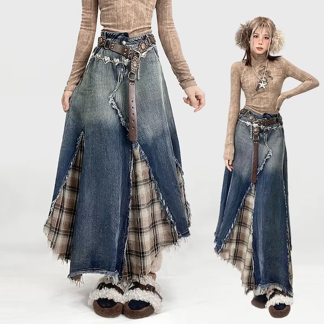 デニムパンツ フレアパンツ ジーンズ 2ピース レイヤード ヒラヒラ おしゃれ ハイウエスト 脚長
