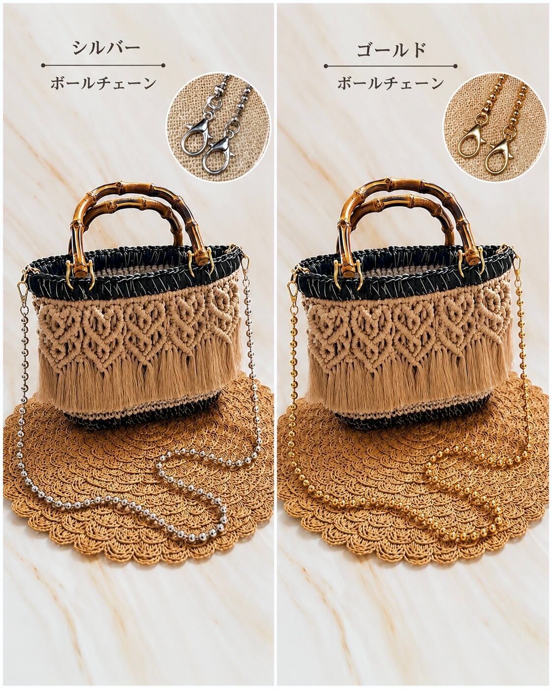 受注販売】ハート模様マクラメバッグ グレージュ×ブラック(バンブー