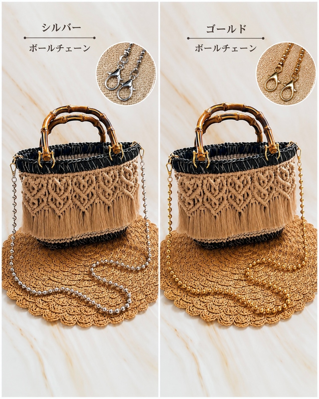 受注販売】ハート模様マクラメバッグ グレージュ×ブラック(バンブー 