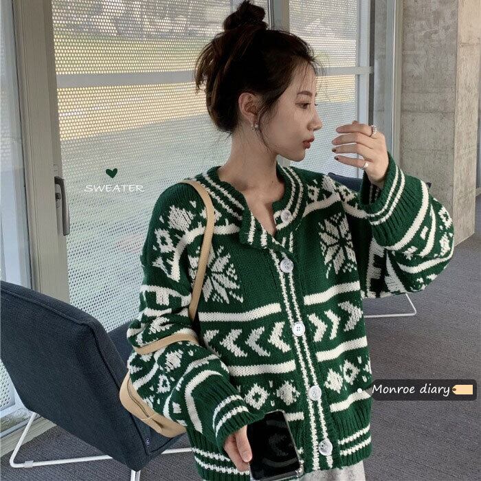 スタンダードグリーンセーター ジャケット スプリングルーズニットカーディガントップス レトロ 春物 モンロー19662613473