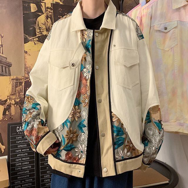 現品1点 Lサイズ ブルゾン メンズ アウター レトロ 刺繍 花柄