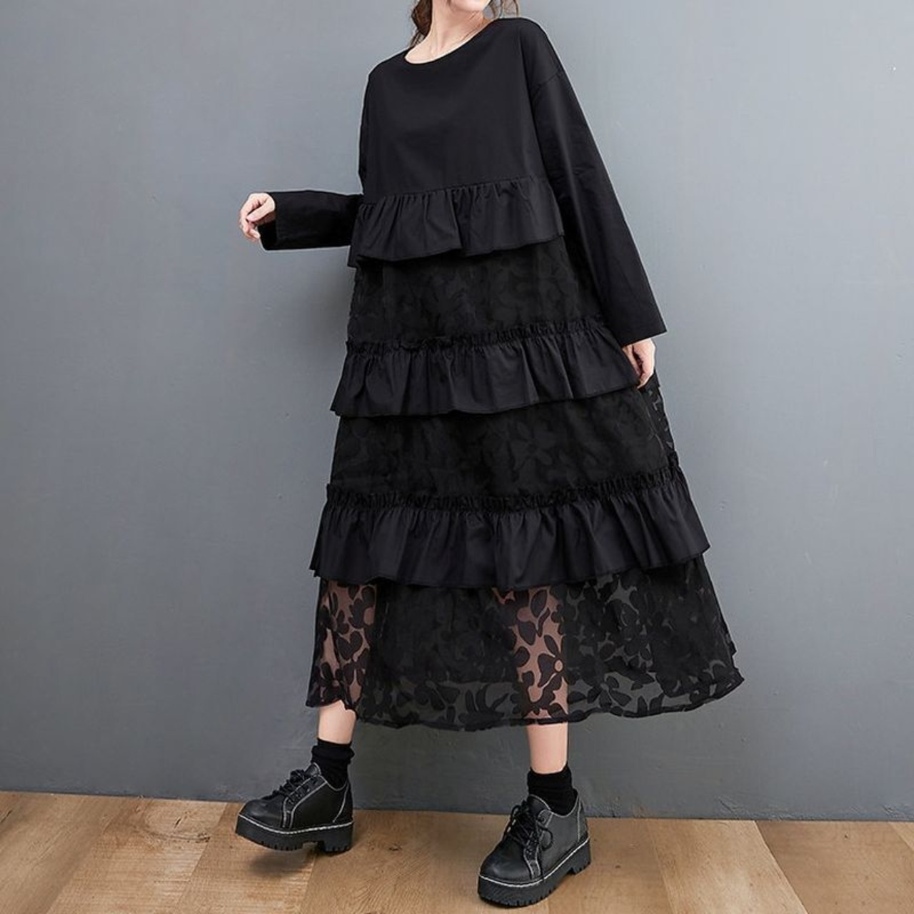 花柄シアー フリル ワンピース 00424