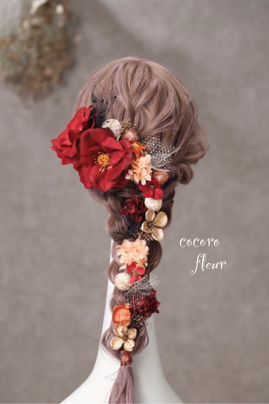 ツバキ髪飾り レッド 袴 振袖 成人式 ヘアドレス ヘアパーツ プリザーブドフラワー ドライフラワーフラワー Cocorofleur ココロフルール