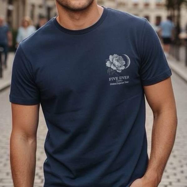 ネイビー フラワープリント 半袖Tシャツ ストレッチ【フランス
