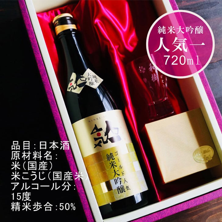 名入れ 日本酒 ギフト【 純米大吟醸 ゴールド人気  名入れ 酒グラス & ひのき升 セット 720ml 】福島県 ノーベル賞 パーティー 提供酒 父の日 感謝のメッセージ 名入れ ギフト 記念日 誕生日 名入れ プレゼント 結婚記念日 還暦祝い 退職祝い 送料無料