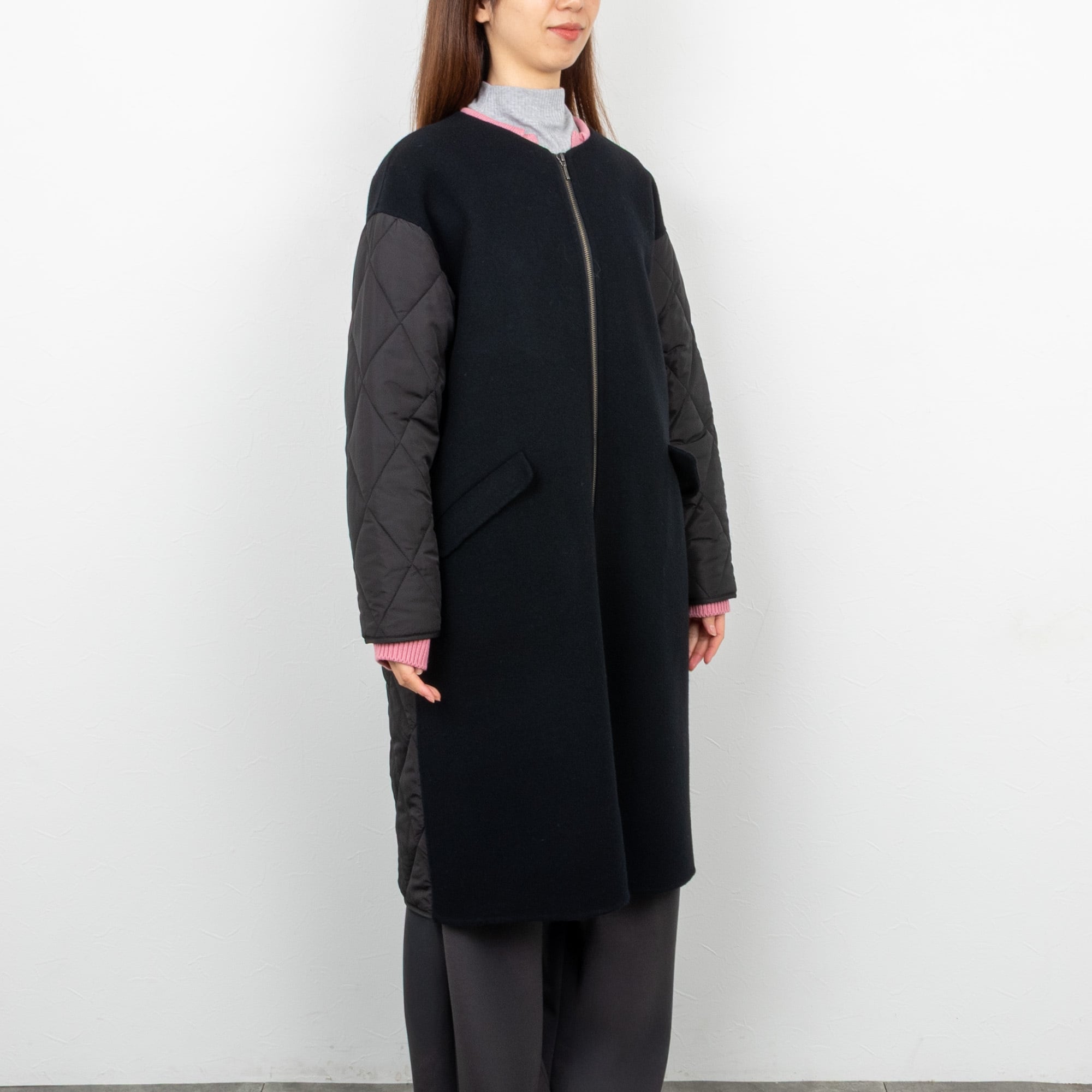 QTUME／クチューム】ダブルメルトンキルティングロングコート