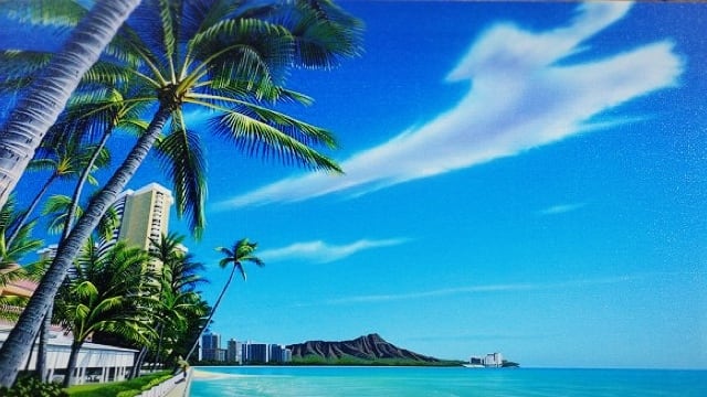 栗山義勝 氏 のキャンパスパネル絵 『Waikiki Beach』 | Laniu ラニウ