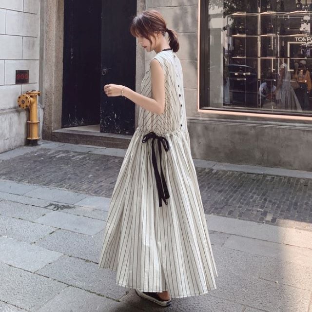 送料無料 ☆ マキシ丈 ノースリーブ ストライプ Aライン ワンピース