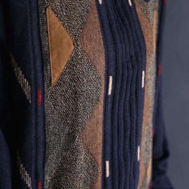 patchwork and 3D knit design half-zip sweater