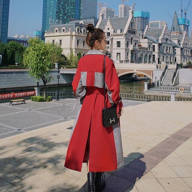 KIDILL 18AW オーバーサイズチェック切替トレンチコート レッド 予約販売】トレンチコート レディース 異素材 チェック柄 バイカラー