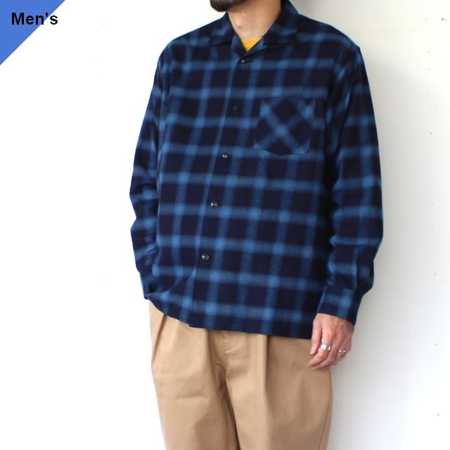 weac. インディゴ染めフランネルオープンカラーシャツ RAINY BLUE (Navy Check)