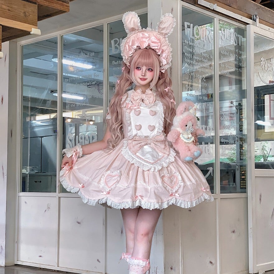 メイドロリータ ワンピース ハートエプロン付き レースフリル 撮影会