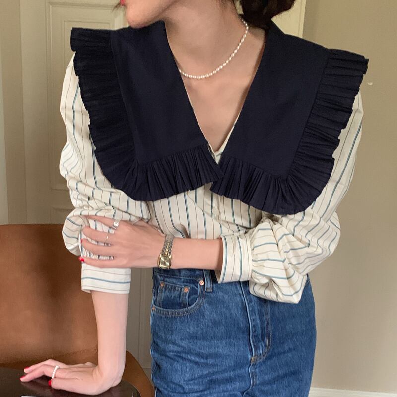 カラーストライプシャツ サマー 夏物 ステッチ ビッグFスモールZ韓国24651818728