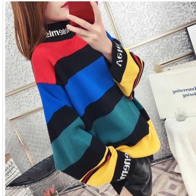 韓国 トレーナー レディース カジュアルコーデ カラフルカットソー