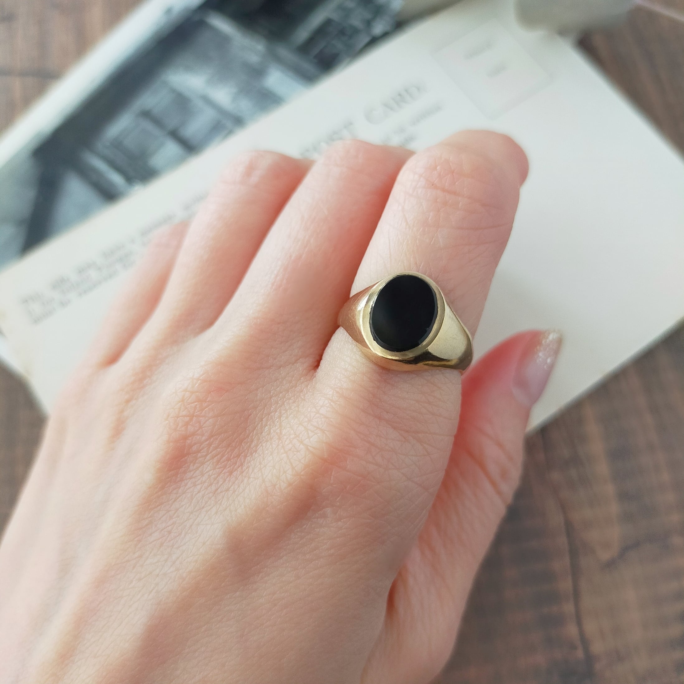 英国 1978年 ヴィンテージ 9kゴールド オニキス シグネットリング