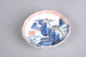 フチソゲ 伊万里焼 色絵 楼閣山水文 輪花 豆皿 C アウトレット