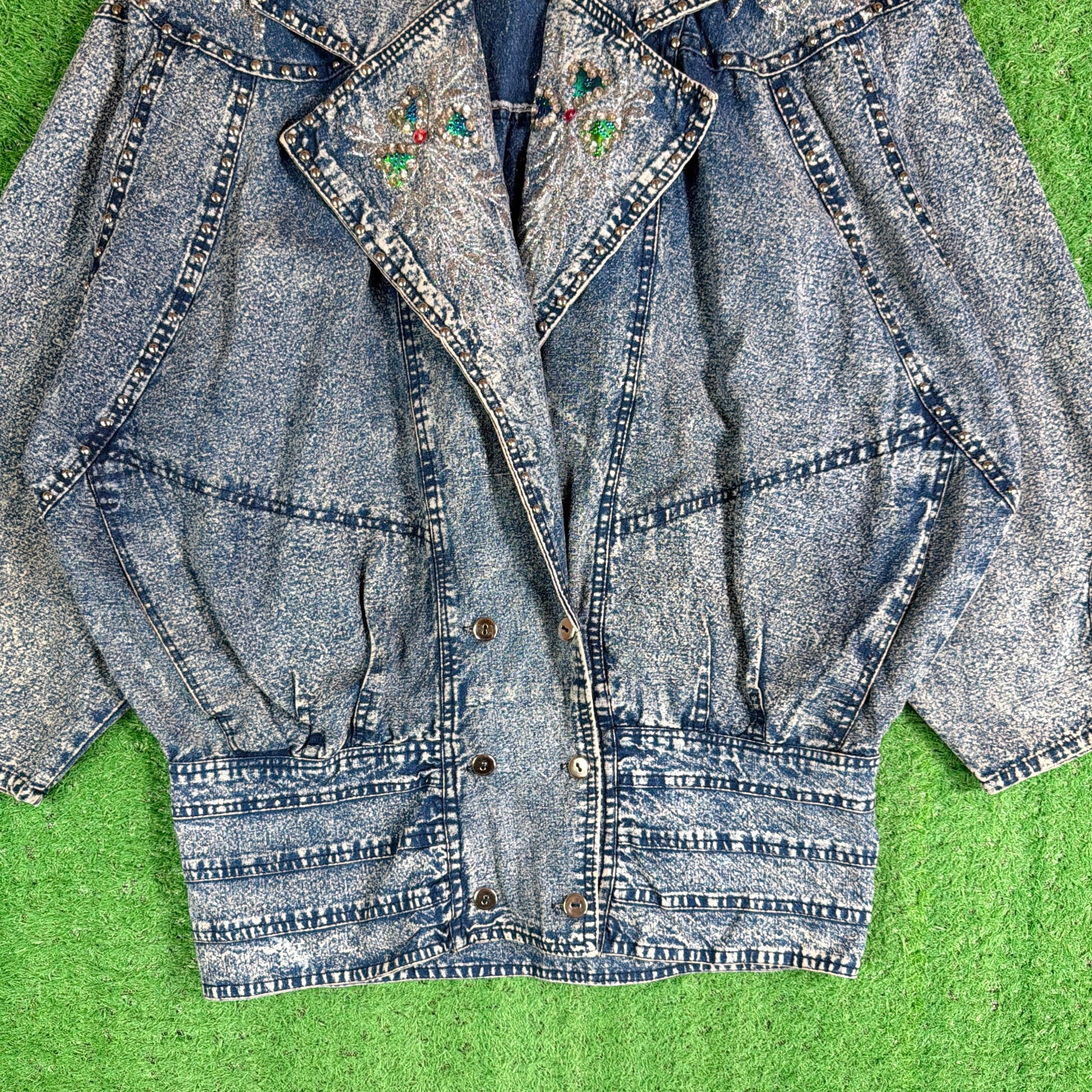 非売品 昭和レトロ ライオンレデイースカップ 女子 テニス 世界大会 ジャンパー Lady's】 90s ケミカルウオッシュ デザイン デニム ジャケット / 90