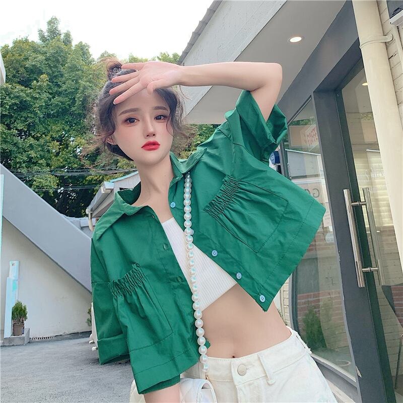 サマーハイウェストウェストクロップトップ トップス グリーンシャツ 夏物 YY-ファッション49535941555