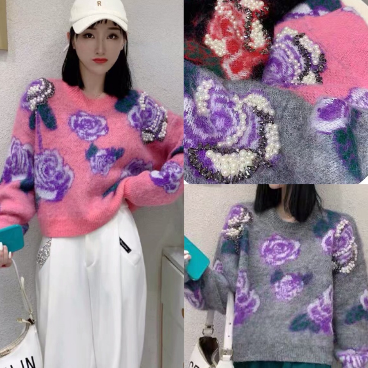 3カラー】薔薇 セーター ピンク 黒 グレー パール 花柄 | LOVEYsmileSHOP