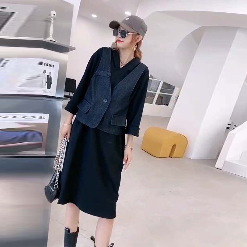 2020年秋新作レディースプラスサイズファットmmスリムフードドレス、ライトクックスタイルフェイクツーピーススーツ ミックスインファッション28917592554