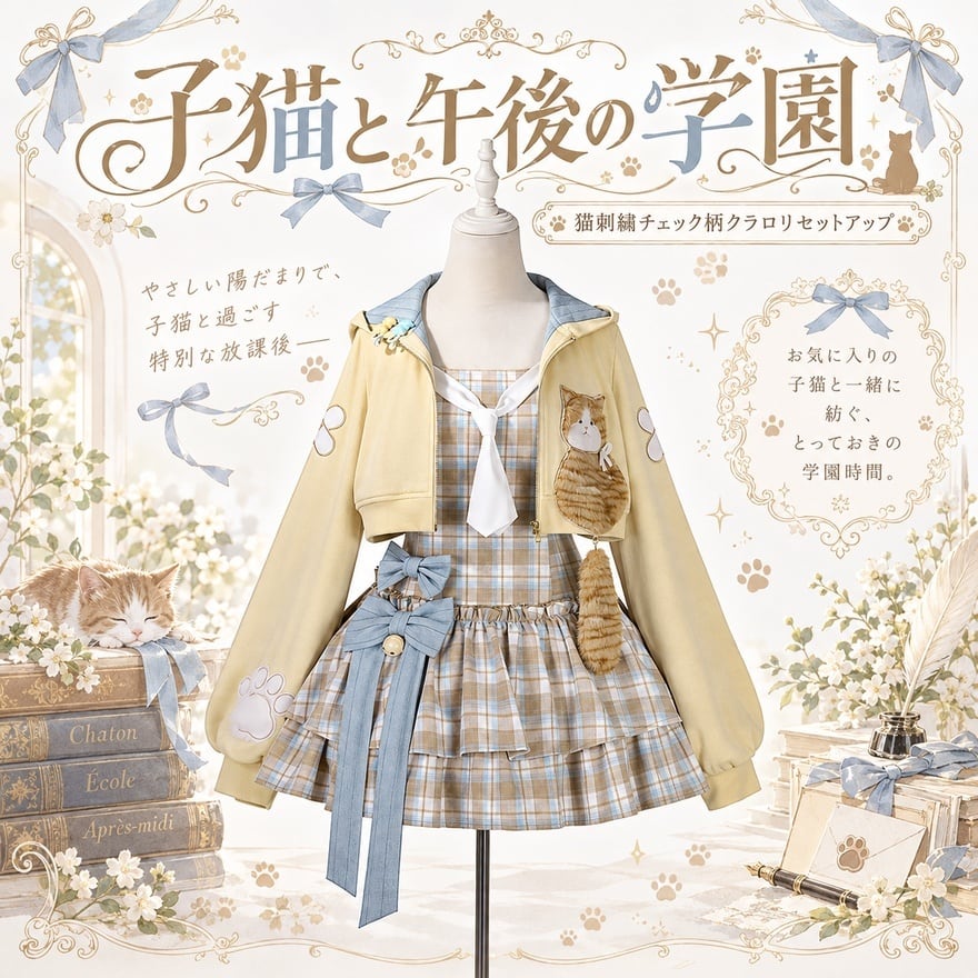 早割10月28日まで】子猫と午後の学園 猫刺繍チェック柄クラロリ