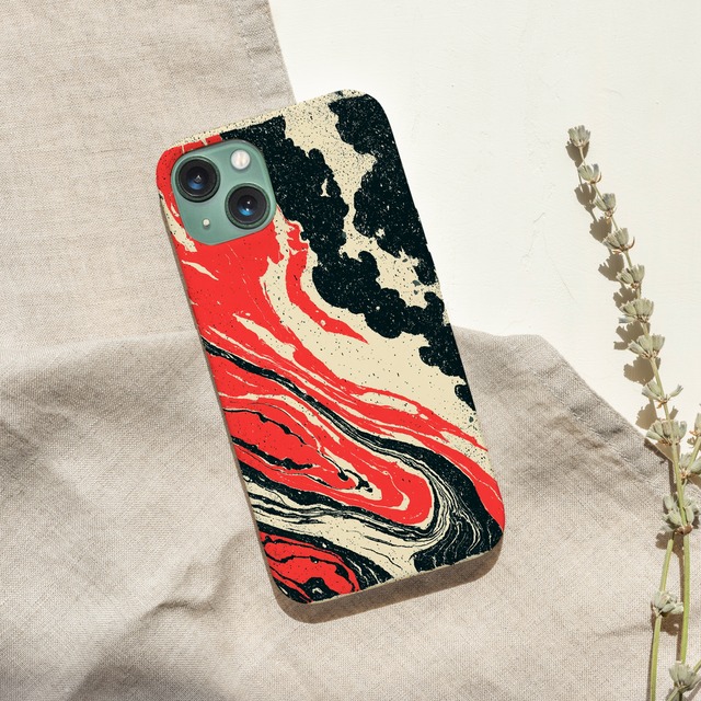 受注生産 iPhoneケース 赤と黒のダイナミック墨流し｜紙マーブリング MARB010D